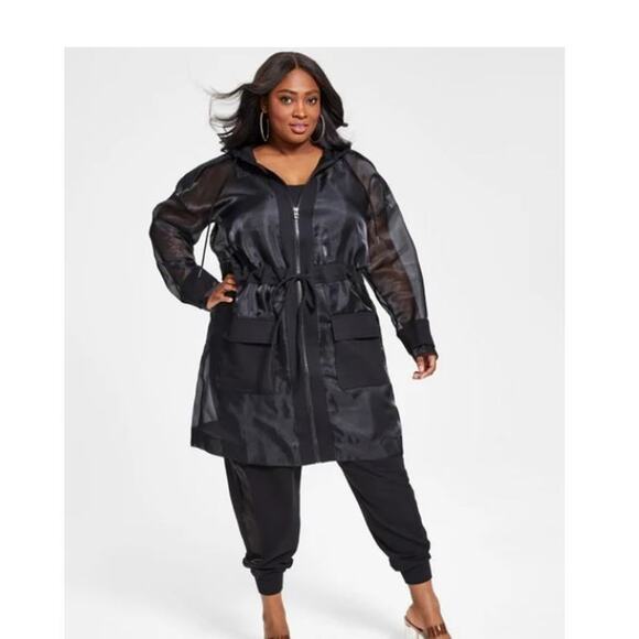 Nina Parker Trendy Plus Size Organza Anorak Jacket Sheer Solid Black Size 2X - Picture 1 of 5